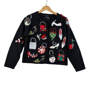 Michael Simon Vintage Christmas Ugly Cardigan Sweater size Large Black